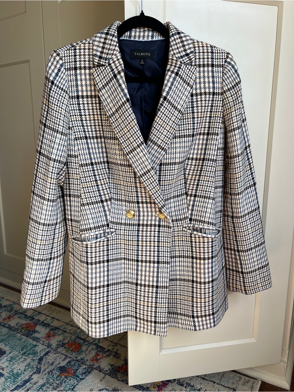 Talbots Plaid Double-Breasted Long Blazer with Gold Crest Buttons size 8